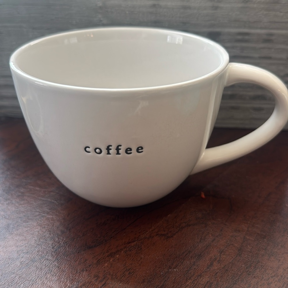 Pottery Barn Coffee House Mug Embossed COFFEE Tea Cup Stoneware White 16 oz